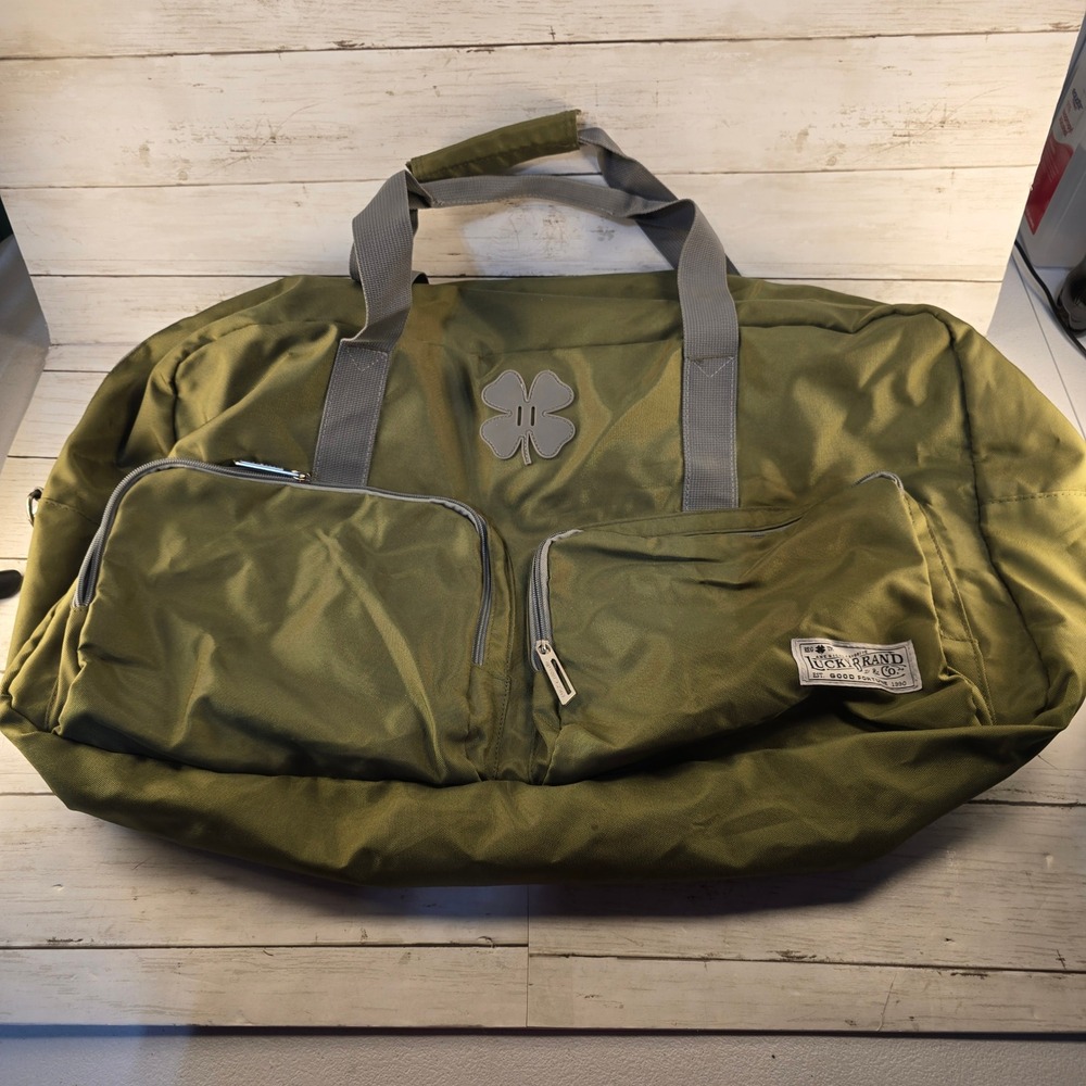 Lucky Brand Duffel Bag Olive Green Nylon Travel Weekender Clover Logo Bag